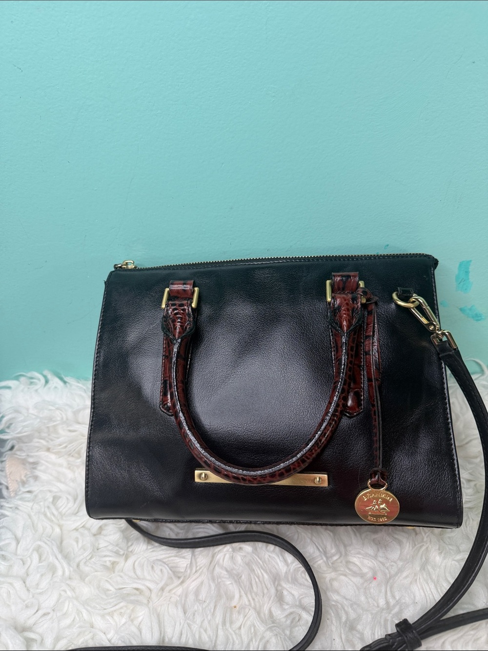 Black Small Leather Satchel with Brown Croc-Texture Handles